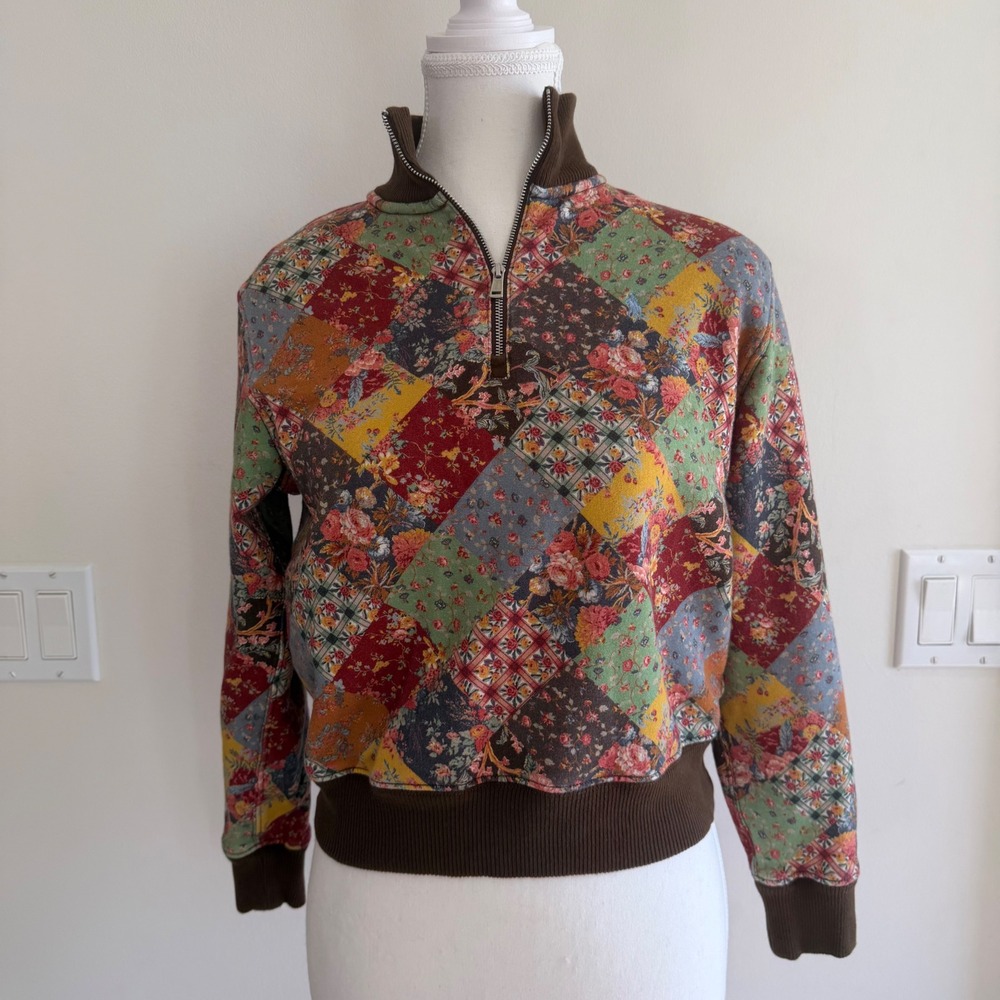 Polo Ralph Lauren Girls XL 16 Patchwork Floral Quarter Zip Fleece Sweatshirt